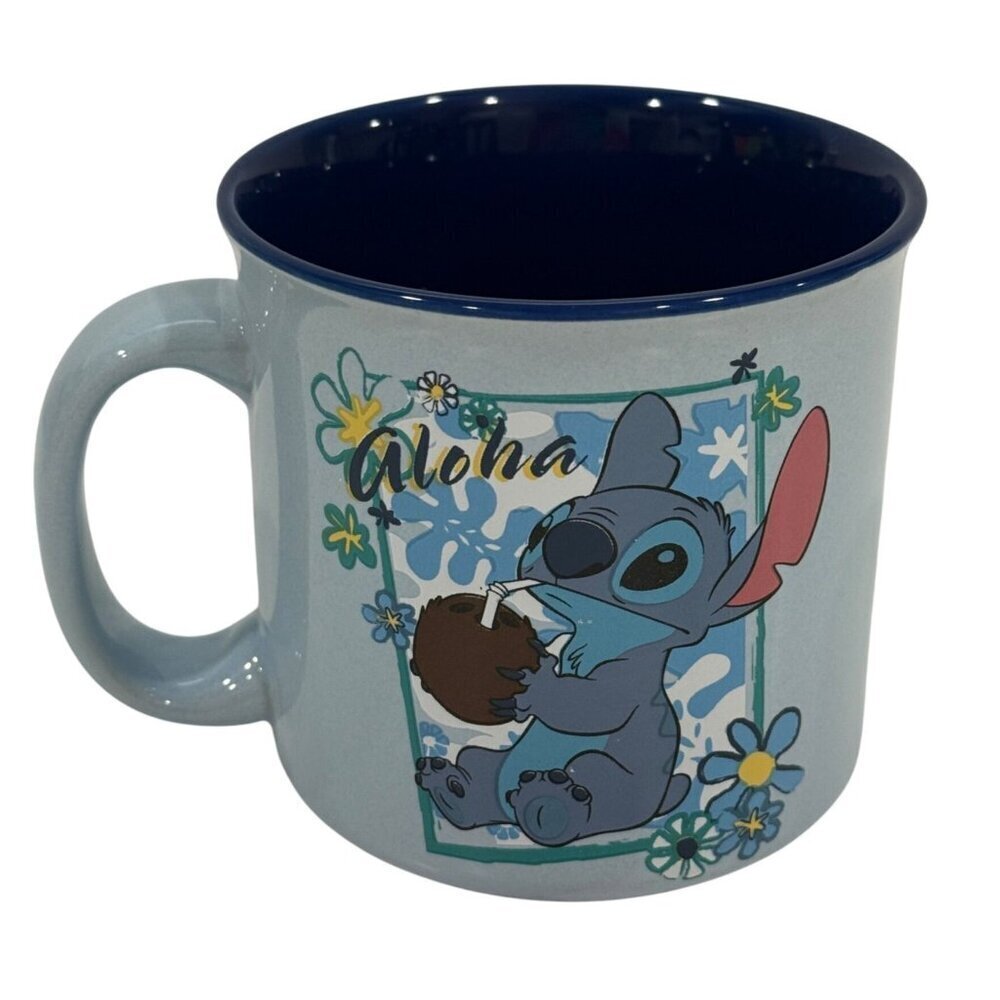 Disney Aloha Stitch Coconut Flowers 20oz Ceramic Camper Mug‎ Blue EUC